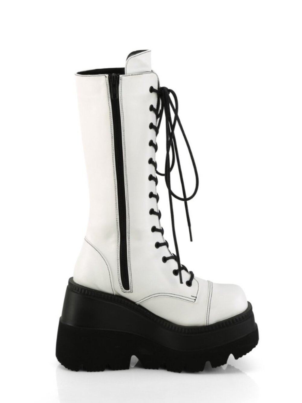 White Vegan Leather Lace-Up Front Mid-Calf Boots with Inner Side Zip Closure